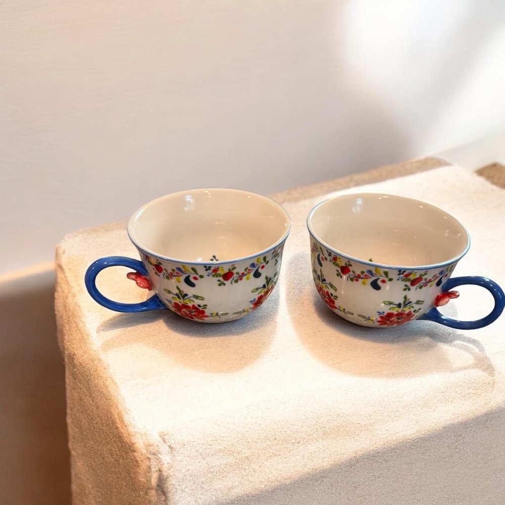Whimsical Anthropologie Floral 🌹🌼🪻Ceramic Mugs/Tea Cups with Royal Blue Handles